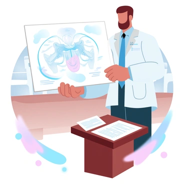 A doctor in a white coat is standing on a witness stand. The doctor is holding a large medical illustration that depicts various anatomical structures in detail. The illustration is prominently displayed, with clear labels and lines showing connections. The background features a courtroom setting, with wooden elements and benches visible. Some legal documents are scattered on the stand beside the doctor. The atmosphere emphasizes the seriousness of the situation.