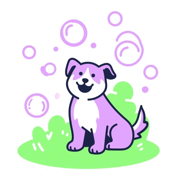 A playful dog is sitting on a grassy patch, its ears perked up with excitement. The dog has a fluffy coat, and its tail wags energetically. Surrounding the dog are numerous floating bubbles of varying sizes, each reflecting light. The bubbles drift gently through the air, casting soft shadows on the grass. In the background, there are hints of trees, providing a sense of a playful outdoor environment. The scene conveys a light-hearted, joyful moment.
