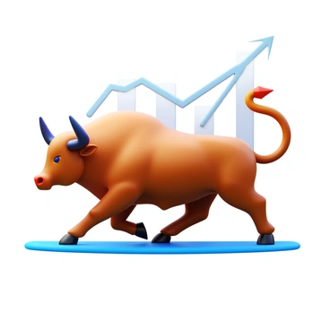 A bull charging upwards, showcasing its strong muscles and determined expression. The bull's powerful horns are prominently displayed, emphasizing its forceful motion. The background features upward-trending arrows and graphs, symbolizing a rising stock market. The overall composition conveys a sense of strength and momentum.