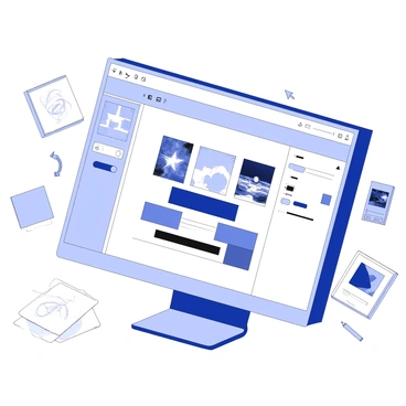 A digital collage is being created on a computer screen using Adobe software. The screen displays multiple layers stacked on top of each other, each layer showcasing different images and textures. Various tools are visible, including selection and cropping tools, as well as a color palette on the side. A cursor is hovering above an image, indicating an active selection. Scattered around the workspace are rough drafts and sketches, along with a few inspiration images pinned to the side.