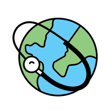 A green Earth, depicting lush forests and blue oceans, is placed at the center of the image. A stethoscope is wrapped around the planet, with the chest piece resting on a prominent area, symbolizing the connection between health and the Earth. The continents are clearly defined, showcasing various landscapes, such as mountains and rivers, in a minimalistic style. The stethoscope's tubing curves smoothly around the globe, emphasizing its role in monitoring the planet's well-being.