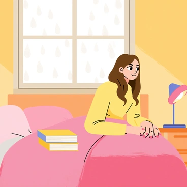 Bella Swan is sitting on her bed, surrounded by soft, fluffy blankets. She has long brown hair cascading over her shoulders. Her expression is contemplative as she gazes out the window. Raindrops are falling against the glass, creating a blurred effect outside. The room is filled with warm, soft light, and a stack of books is placed beside her on the bed. A small, round lamp sits on the bedside table, casting a gentle glow.