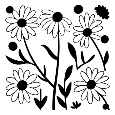 A series of echinacea flowers arranged in a repeating pattern. Each flower features distinct, elongated petals radiating from a central cone. The flowers are positioned at varying angles to create a dynamic composition. Leaves with jagged edges are interspersed among the flowers, adding texture to the design. The background is filled with abstract shapes that complement the floral elements, enhancing the overall composition.