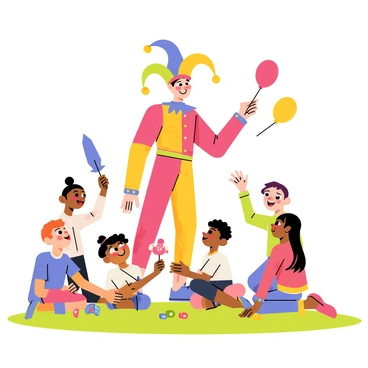 A friendly jester with a colorful outfit featuring bright red, yellow, and blue patterns stands in the center of a playful scene. The jester wears a traditional jester hat with two floppy points, each topped with small bells that jingle softly. Surrounding the jester are several children of diverse backgrounds, all with wide smiles, sitting on a grassy area, eagerly listening to the jester's funny stories. The jester is skillfully twisting colorful balloons into various shapes, such as a dog and a sword, which the children hold excitedly in their hands. The atmosphere is joyful and lively, with a few scattered toys and colorful confetti on the ground, adding to the festive ambiance.
