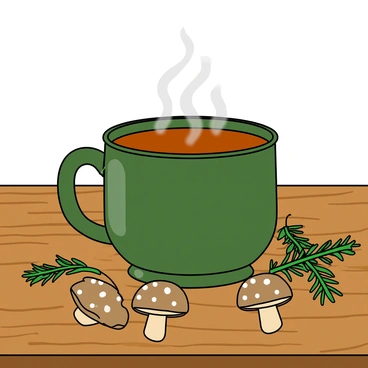 A ceramic cup filled with steaming hot tea, with wisps of steam curling upwards. The cup is a deep green color with a glossy finish. Surrounding the cup are several small brown mushrooms with white speckles and a few vibrant green herbs, including sprigs of rosemary and thyme. The wooden table has a rich, textured surface with visible wood grains, adding warmth to the scene. A few drops of condensation are on the surface of the cup, emphasizing the warmth of the tea.