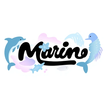 The word "Marine" is formed by various shapes of sea creatures. The letter "M" is constructed from two dolphins arching gracefully, their bodies curving to create the peaks of the letter. The letter "A" is represented by a starfish with its arms spread wide, forming the top point of the letter. The letter "R" is made from a seahorse, its curly tail providing the rounded part, while the body and head form the vertical line. The letter "I" is depicted as a tall, slender jellyfish, its tentacles trailing below. The letter "N" is formed by a pair of swimming fish, their bodies creating the diagonal lines of the letter. The letter "E" is shaped by a large clam shell, with its open side making up the horizontal lines. The overall composition is arranged against a softly colored gradient pastel background.