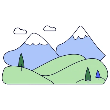 A series of stylized mountains in a flat design, with soft curves and a muted color palette. The mountains have a gradient of blues and greens, and they are partially covered by fluffy white clouds that drift gently across their peaks. Below the mountains lies a peaceful valley, filled with rolling hills in shades of green and dotted with small, simplified trees. The scene conveys a sense of tranquility with a bright, clear sky above.