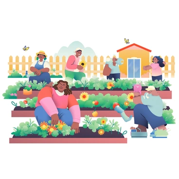 A community garden is filled with people actively tending to colorful flowers and lush vegetables. In the foreground, a woman with curly hair is kneeling, carefully planting vibrant marigolds in the soil. Next to her, an older man with a straw hat is watering a row of green bell peppers with a blue watering can. A young girl is picking ripe tomatoes from a bush, her smile showing excitement. Several raised garden beds are visible, each containing a variety of plants, including leafy greens, carrots, and bright sunflowers. In the background, a wooden fence surrounds the garden, and there is a small shed painted in warm colors. The atmosphere is lively, with birds chirping and butterflies fluttering among the flowers.