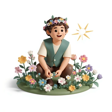 A happy hobbit, with curly brown hair and round cheeks, is wearing a crown made of colorful wildflowers. He is dressed in a green vest and brown trousers, kneeling in a lush meadow filled with vibrant wildflowers of various colors. The hobbit is carefully picking more flowers, with a look of joy on his face. Sunlight filters through the trees, casting soft shadows on the ground, while a gentle breeze rustles the flowers around him.