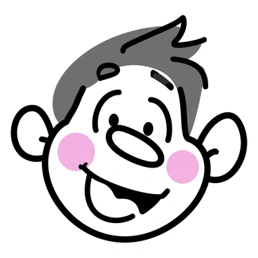 A cartoon character's face with a large round head and big wide eyes. The character has an exaggerated long nose and a huge smile that stretches from ear to ear. The eyebrows are raised high and bushy, adding to the comical expression. The character's cheeks are puffy and brightly colored, highlighting the playful appearance. There are large floppy ears on either side of the head, and the hair is styled in a wild and wavy manner, enhancing the humorous look.