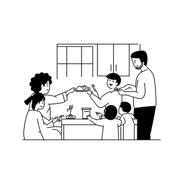 A diverse family gathered around a small wooden table in a modest kitchen. There are three adults and two children. One adult, a woman with curly hair, is serving food from a large dish. Another adult, a man with a beard, is sitting at the table, smiling at the children. One child, a girl with pigtails, is reaching for a roll, while the other child, a boy with short hair, is chatting excitedly. The kitchen has simple cabinets and a window that lets in natural light. A few utensils and plates are scattered across the table.