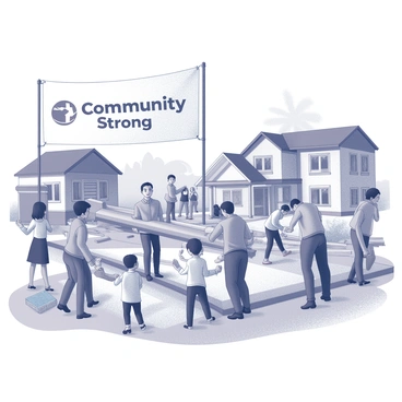 A group of diverse residents gathered in a Canadian neighborhood. They are working together to clean up debris and rebuild structures. Some individuals are lifting wooden beams, while others are clearing away rubble. A woman is handing out supplies, and a man is giving instructions to a small group of volunteers. In the background, damaged houses can be seen, and children are assisting by picking up smaller items. A large banner that reads "Community Strong" is displayed prominently in the scene. The atmosphere conveys a sense of unity and resilience among the residents.