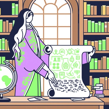 A scholar with long, flowing hair is standing in an ancient library surrounded by tall, wooden bookshelves filled with old, leather-bound books. Sunlight filters through a large, arched window, illuminating dust particles in the air. The scholar is wearing a richly detailed robe adorned with intricate patterns. In their hands, they are carefully unfurling a dusty scroll that is covered in cryptic runes. The scroll unrolls across a wooden table, revealing mysterious symbols and illustrations. Surrounding the table, scattered parchment and quills are visible, hinting at the scholar's extensive research. An ornate globe sits in the corner, adding to the scholarly atmosphere.