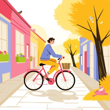 A person with short brown hair is riding a vintage bicycle along a narrow cobblestone street. The bicycle features a shiny red frame and a wicker basket attached to the front. Quaint houses with colorful façades line both sides of the street, each adorned with blooming flower boxes under the windows. The golden hour sunlight casts a warm, soft glow over the scene, illuminating the golden leaves of nearby trees. A few birds are perched on the branches, and a cat lounges on a sunny patch of grass nearby.
