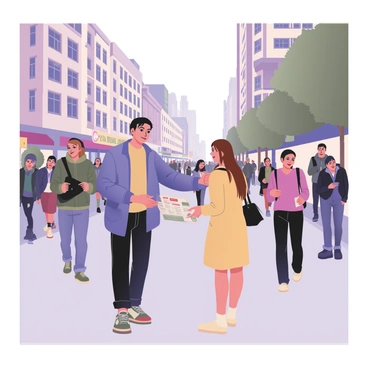 A person is standing on a busy city street, handing out flyers. The person has short black hair and is wearing a bright blue jacket, dark jeans, and colorful sneakers. They are smiling and extending a flyer towards a passerby. The passerby is a woman with long brown hair, wearing a yellow dress, who is stopping to read the flyer with interest. Around them, multiple people are walking, some glancing at the flyers, while others are engaged in conversation. The background features tall buildings with large windows and storefronts lined with colorful signage, with trees and city benches visible along the sidewalk. The atmosphere is lively and bustling, filled with the energy of the city.