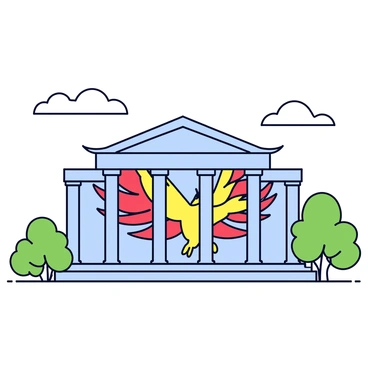 A grand temple with large, majestic columns supporting its structure. The facade of the temple features a giant mural of a phoenix in flight, with vibrant shades of red, orange, and yellow. The wings of the phoenix are spread wide, showcasing intricate feather details. Surrounding the temple, lush green trees provide a natural contrast to the grandeur of the building. The sky above is clear with a few fluffy clouds, enhancing the visibility of the temple and its mural.