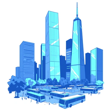A blue cityscape features tall skyscrapers reaching towards the sky. The buildings are made of glass and steel, reflecting the sunlight. The streets below are filled with a variety of vehicles, including buses and cars, and crowds of people walking along the sidewalks. A few trees are planted among the urban buildings, adding a touch of green to the scene. The sky above is clear, accentuating the grandeur of the skyscrapers.