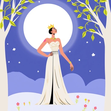 A queen standing under a large, bright full moon in a clear night sky. She wears an elegant gown adorned with intricate patterns. Her crown is embellished with sparkling celestial jewels, glimmering in the moonlight. Surrounding her are gently swaying trees with leaves illuminated by the moon's glow. The ground is dotted with small, colorful flowers, adding a touch of vibrancy to the scene. The queen has a confident posture, gazing up at the moon with grace.