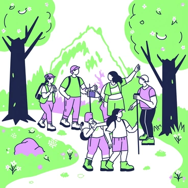 A group of tourists is walking along a narrow path in a lush, protected forest. They are dressed in outdoor clothing, including hiking boots and backpacks. Some individuals are taking photographs while others are observing the surrounding flora. Tall trees with dense green foliage tower above them, their branches stretching out to form a natural canopy. The ground is covered with a mix of leaves and small plants, and a variety of colorful flowers can be seen peeking through the greenery. In the background, a guide is pointing towards a large, moss-covered rock, explaining something about the local ecosystem.