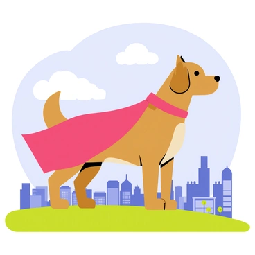 A dog with a shiny brown coat is wearing a bright red cape that billows in the wind. The dog stands proudly on a grassy hilltop, chest out and tail high, looking out over a sprawling city below. The city features a mix of tall buildings and smaller houses, with a few trees dotting the landscape. The sky is a clear blue with a few fluffy white clouds.