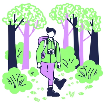 A hiker is walking through a dense forest, surrounded by tall trees with a thick canopy above. The hiker is wearing a sturdy backpack and a green jacket. A camera is hanging from their neck by a strap, positioned at chest level. Sunlight filters through the leaves, casting dappled shadows on the forest floor, which is covered in green ferns and scattered leaves. The hiker's boots are slightly muddy, suggesting they have been walking for a while. In the background, the trunks of the trees rise majestically, creating a sense of depth in the forest.