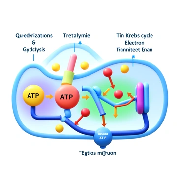 A 3D icon illustrating the process of cellular respiration. The image features key stages: glycolysis, the Krebs cycle, and the electron transport chain. Each stage is represented with distinct labels in quotes, such as "Glycolysis," "Krebs Cycle," and "Electron Transport Chain." Arrows indicate the flow of energy and the production of ATP. ATP molecules are highlighted in bright colors, with labels like "ATP" showing their significance at each stage. The background is divided to represent the cytoplasm for glycolysis, the mitochondria for the Krebs cycle, and the inner mitochondrial membrane for the electron transport chain.