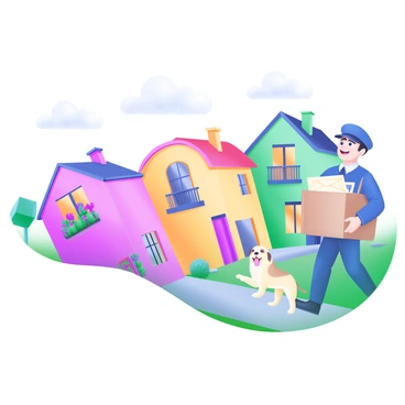 A vibrant illustration depicting a mailman dressed in a blue uniform, joyfully delivering letters. The mailman holds a large brown bag filled with envelopes, as he approaches a row of colorful houses. Each house is painted in bright hues, such as pink, yellow, and green, with unique architectural features like balconies and flower boxes. The pathway is lined with colorful flowers, and a friendly dog watches the mailman from the front yard of one of the houses. The sky is clear with a few fluffy clouds, completing the cheerful atmosphere.
