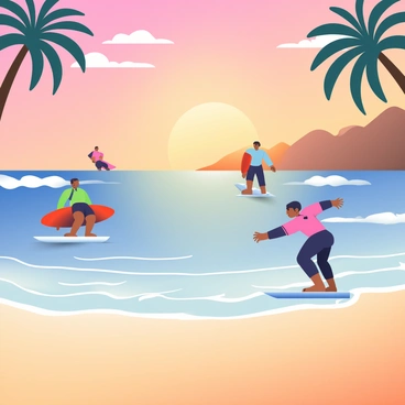 A Hawaiian beach is depicted with soft, golden sands stretching across the foreground. The sky is filled with warm hues of orange, pink, and purple as the sun sets on the horizon. Several surfers are captured in dynamic positions, riding the last waves of the day. The surfers are wearing colorful wetsuits, with one surfer on a bright blue board and another on a vibrant red board. Gentle waves lap at the shore, creating white foam against the sandy beach. Palm trees are silhouetted against the colorful sky, swaying slightly in the breeze. The scene conveys a lively yet peaceful atmosphere as the day transitions into night.
