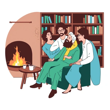 A teal Karl Marx is seated in a comfortable armchair by a warm, orange fireplace. He is animatedly engaging in conversation with three friends, who are gathered around him. The friends include a man with a brown beard wearing a yellow scarf, a woman with curly hair in a blue dress, and another man with glasses dressed in white. The room is filled with shelves of books, and there are mugs on a small wooden table beside them. The warm glow of the flames from the fireplace highlights their expressions as they exchange ideas passionately.