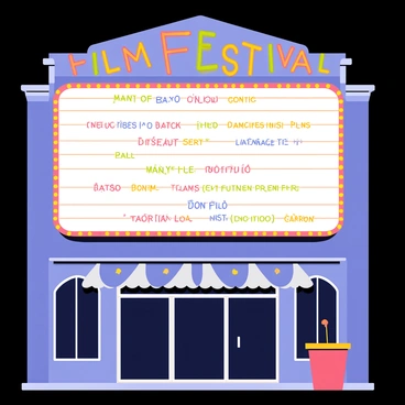 A cinema marquee featuring a large rectangular frame with bright, colorful lights outlining it. The marquee displays the words "Film Festival" in bold, eye-catching letters at the top. Below, there are multiple sections listing various international films, each with unique titles in different fonts and colors. The background of the marquee is dark, enhancing the vibrant lights and text. The cinema building itself has classic architectural features, like large windows and a patterned awning, adding to the festive atmosphere of the cultural film festival.