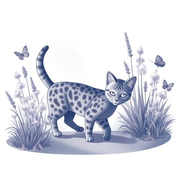 A Bengal cat with distinctive spotted fur is cautiously walking through a garden. The cat's eyes are alert and curious as it moves between vibrant flowers and greenery. The garden is filled with various plants, including tall grasses and blooming flowers, creating a rich landscape. The sunlight filters through the leaves, casting intricate shadows on the ground. A few butterflies flutter nearby, adding dynamic movement to the scene. The overall composition captures the playful exploration of the Bengal cat in its natural surroundings.