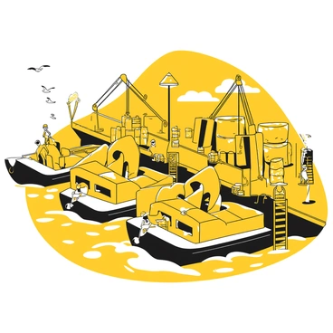 A busy harbor filled with multiple grain barges docked at the pier. Workers are seen carefully loading large sacks of grain onto the barges. The barges are equipped with cranes and pulleys, facilitating the loading process. In the background, there are stacks of burlap sacks and crates waiting to be transported. Seagulls are flying overhead, and the water is rippling with small waves. The scene is bustling with activity and the sounds of clanging metal and chatter can be imagined.