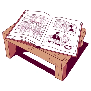 A white open sketchbook is resting on a wooden bench. The pages of the sketchbook are filled with intricate drawings depicting various courtroom scenes. Each drawing captures different aspects of the courtroom, such as a judge in a robe presiding over a trial, lawyers presenting their cases, and a jury seated attentively. The bench has a rich texture, showing the natural grain of the wood, and the surrounding area is softly lit, highlighting the detailed illustrations on the pages.