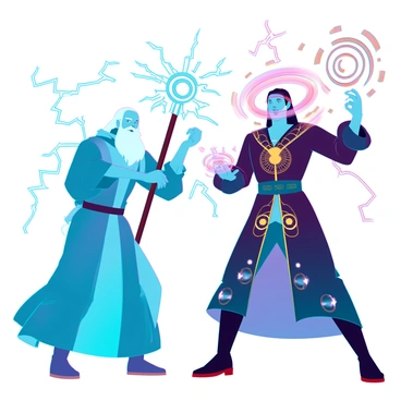 Two wizards facing off in a dramatic magical duel. One wizard has glowing blue robes and a long white beard, raising a staff that emits bright arcs of electricity. The other wizard wears dark robes adorned with intricate golden symbols, conjuring a swirling vortex of fire in his hands. Bright flashes of light from their spells illuminate the surrounding landscape, casting dynamic shadows and creating a mystical atmosphere. Energy crackles between them as they exert their powers, with sparks flying and a sense of tension palpable in the air.