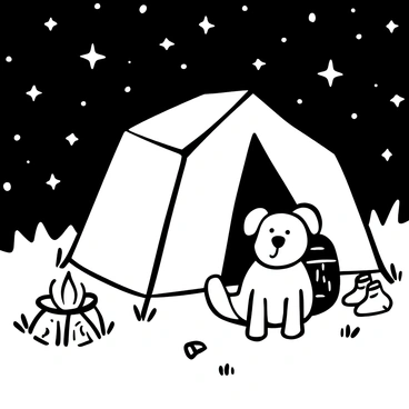 A dog with a fluffy coat sitting beside a tent, which is staked into the ground. The tent has a classic design with a peak and a flap entrance. Above them, a starry sky is filled with numerous stars, twinkling brightly. The ground is covered with grass and a few scattered rocks. A small campfire is nearby, with flames flickering and casting shadows. A backpack rests against the tent, and a pair of hiking boots are placed next to it.