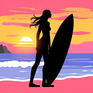 A silhouette of a surfer girl with flowing hair, standing confidently on the beach with her surfboard held upright beside her. The surfer is in profile against a vibrant sunset, filled with bold oranges, pinks, and purples streaking across the sky. The sun is partially below the horizon, casting a warm glow that outlines her figure. Gentle waves are visible in the background, lapping at the shore, creating a sense of tranquility. The scene conveys the essence of a perfect surfing day ending as the sun sets.