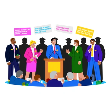 A group of politicians standing at a podium giving speeches during a campaign event. Each politician is dressed in formal attire, displaying bright campaign buttons. Behind them, shadowy figures dressed in military uniforms are partially visible, blending into the background. The military figures appear serious and vigilant, watching over the politicians. The setting features bright banners with slogans and a small crowd in the foreground, some holding signs in support. The overall scene conveys a sense of tension and intrigue.