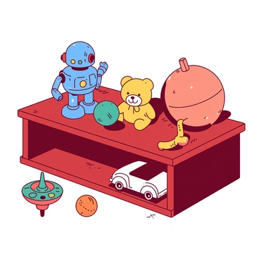 A red wooden shelf displays a variety of vintage toys, each with unique characteristics. There is a blue metal robot with shiny buttons and a wind-up key, standing next to a yellow plush teddy bear with a stitched smile. A teal spinning top with colorful patterns is positioned in front of them, while an orange ball sits at the far end of the shelf, partially hidden behind a small white toy car. The background features soft lighting that enhances the nostalgic atmosphere, casting gentle shadows across the toys.