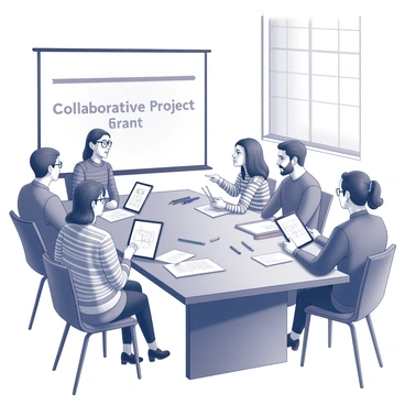 A group of five illustrators is seated around a large wooden conference table, engaged in a discussion about a collaborative project. Each illustrator has their sketchbooks and digital tablets open, filled with rough drafts and ideas. One illustrator, a woman with glasses wearing a striped sweater, is pointing at a drawing on her tablet, while others lean in to view it. Another illustrator, a man with a beard, is taking notes on a notepad. Various art supplies, like pencils and markers, are scattered across the table. A projector screen in the background displays "Collaborative Project Grant" in clear letters. The room is filled with natural light coming in from a large window, creating an inviting atmosphere for creativity.