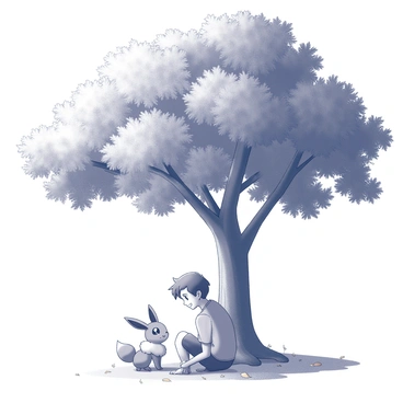 An Eevee is sitting on the ground next to a young trainer. The trainer has short, tousled hair and is wearing a casual outfit with a t-shirt and shorts. The trainer is looking down at Eevee, smiling with a sense of affection and companionship. The large oak tree towers above them, providing abundant shade with its wide, sprawling branches and thick foliage. The ground around them is covered in grass and scattered fallen leaves. Sunlight filters through the leaves of the tree, casting dappled light patterns on them.