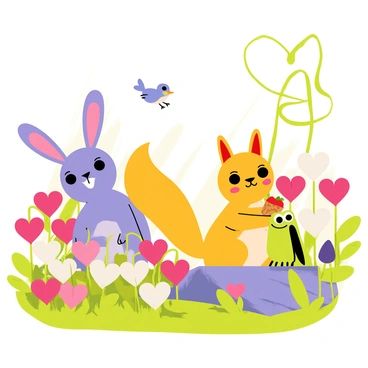 A whimsical garden filled with various playful creatures, including a purple rabbit with large ears and a cheeky grin, and a bright orange squirrel holding an acorn. The scene is set among clusters of colorful "bleeding heart" flowers in shades of pink and white, swaying gently in the breeze. A small bluebird flits above the flowers, while a friendly green frog perches on a stone nearby, observing the lively surroundings. Sunlight filters through the leaves, casting soft shadows on the vibrant ground.