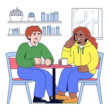 Two friends are sitting at a small round table in a cozy café. One friend has short brown hair and is wearing a green sweater. The other friend has long wavy hair and is dressed in a yellow jacket. Both friends are holding white coffee mugs, smiling and engaged in conversation. The café has wooden shelves filled with books and small potted plants in the background. Soft light filters through a window, illuminating their cheerful expressions.