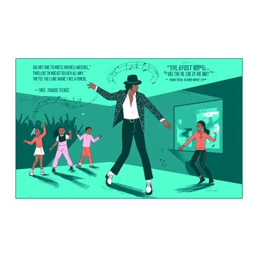 A teal mural features several scenes representing significant moments from Michael Jackson's life and legacy. In the center, a larger-than-life image of Michael Jackson in his iconic sequined jacket and black fedora is surrounded by smaller illustrations. On one side, a depiction of him performing the moonwalk, with musical notes swirling around him. On the other side, children dance joyfully, inspired by his music and moves. The background is filled with elements such as a stage with bright lights and silhouettes of fans cheering. Quotes from his songs are artistically integrated into the mural, capturing the essence of his influence on music and culture.