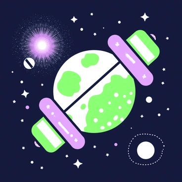 A planet shaped like a barbell is floating in space. The barbell features two spherical ends connected by a thick cylindrical center. The surface of the planet is textured, showcasing intricate patterns and features. Surrounding the barbell planet, a field of stars twinkles against the dark background of space. In the distance, a glowing nebula adds depth to the scene, while a few smaller celestial bodies orbit near the planet. The overall composition emphasizes the uniqueness of the barbell shape amidst the vastness of the cosmos.