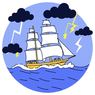 A majestic sailing ship with billowing white sails is navigating through turbulent waves. The ship features a tall mast and intricate rigging. The sea is choppy, with foam splashing against the hull. Above, dark storm clouds fill the sky, and bright flashes of lightning illuminate the scene, creating dramatic contrasts in the atmosphere. The water reflects the light, adding depth to the tumultuous ocean.