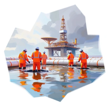 A group of crew members wearing bright orange safety vests and hard hats is actively managing an oil spill near an offshore oil rig. They are positioned around several large containment booms, which are deployed on the surface of the water to contain the spill. In the background, the oil rig stands tall, with its intricate structures and machinery visible. The crew members are using equipment such as skimmers and hoses to remove the oil from the water. The sky above is overcast, with dark clouds hinting at incoming weather, while the water is a mix of blue and brown hues from the oil.