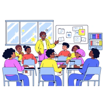 A classroom filled with students of diverse backgrounds, sitting at desks and engaged in their studies. Each student has a unique appearance, showcasing different skin tones, hair styles, and clothing. In the front of the room stands an encouraging teacher, a woman with short brown hair, wearing glasses and a bright, colorful outfit. She is smiling and gesturing towards a whiteboard that has some educational notes and drawings. Sunlight streams in through large windows, illuminating the room filled with educational posters and bookshelves.