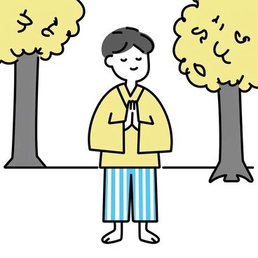 A young boy with dark hair and a striped haori is standing in a forest clearing. He is practicing his breathing techniques, with his eyes closed and arms positioned in front of him. The surrounding trees are tall and lush, with sunlight filtering through the leaves, casting gentle dappled shadows on the ground. The boy's expression is focused and determined, highlighting his dedication to mastering his skills.