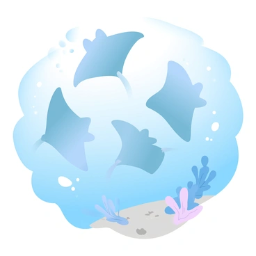 A group of manta rays is swimming in the open ocean, gracefully performing acrobatic flips and spins. The rays have large, elegant wings spread wide, showcasing their intricate patterns. Bubbles trail behind them as they move through the water. Sunlight filters down from the surface, creating shimmering beams that illuminate the vibrant blue water. A few small fish swim nearby, adding to the dynamic scene. The ocean floor is visible in the distance, with sandy patches and scattered coral formations.