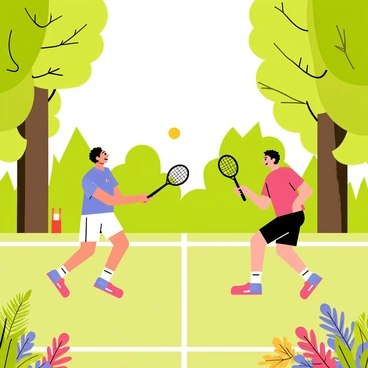 A badminton match is taking place in a lush forest clearing surrounded by tall green trees. Two players, one wearing a blue jersey and the other in red, are actively engaged in the game, their rackets poised. The shuttlecock, or "birdie," is flying gracefully through the air, captured mid-flight between the players. The sunlight filters through the leaves, casting dappled shadows on the grassy ground. Colorful wildflowers and vibrant ferns add detail to the forest floor, enhancing the lively atmosphere of the match.